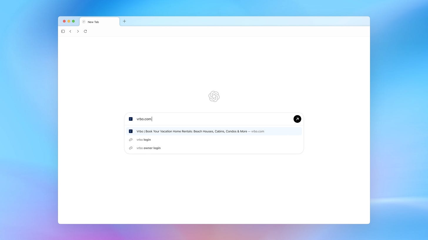 Atlas Browser window displaying the ChatGPT home screen with a search bar in the center. The user has typed ‘vrbo.com,’ and autocomplete suggestions include the VRBO homepage, VRBO login, and VRBO owner login links. The interface has a clean white background with a subtle blue gradient.