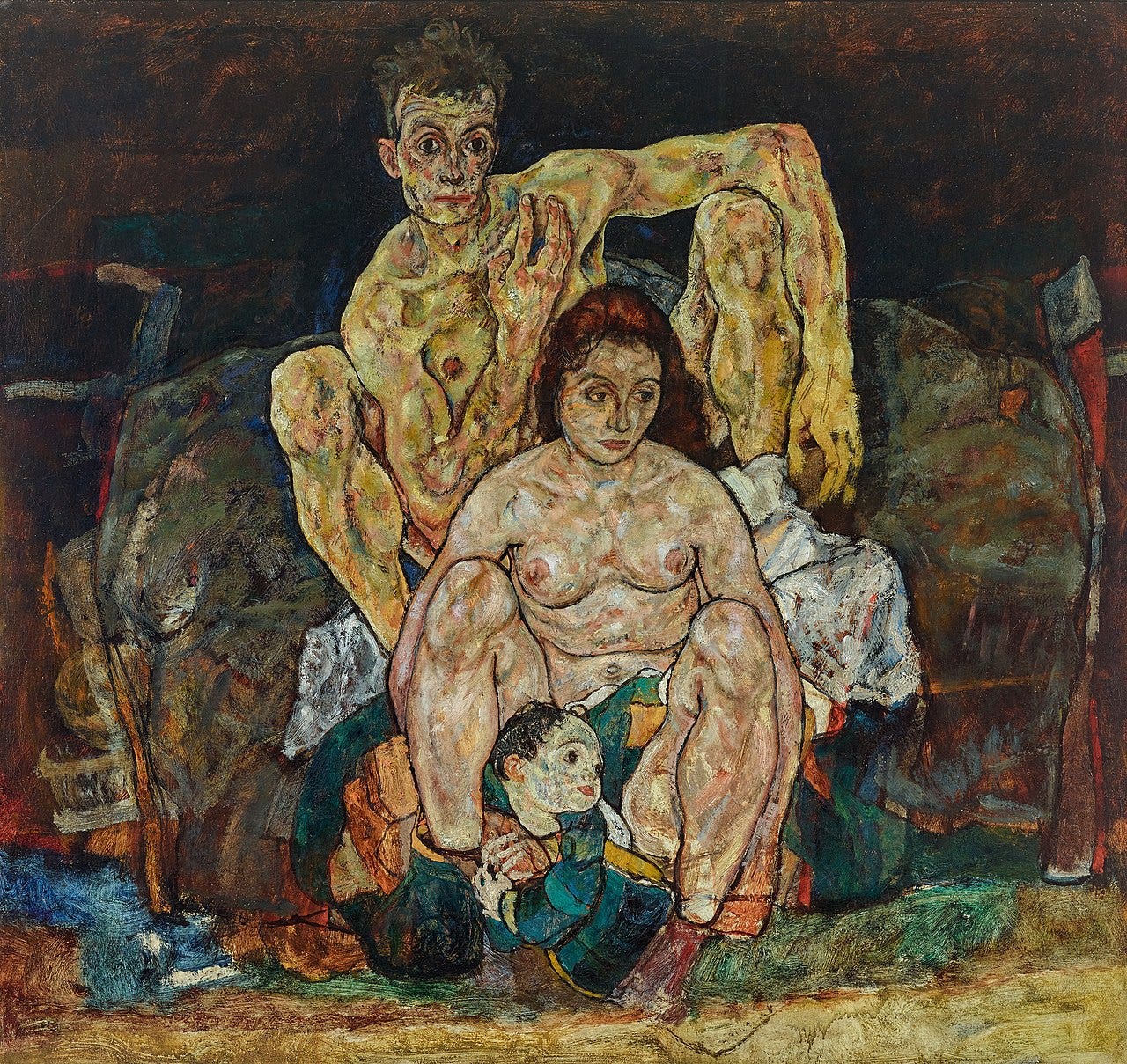 Egon Schiele, The Family, 1918, Belvedere, a crouching man and woman with a small child Egon Schiele, The Family, 1918, Belvedere, a crouching man and woman with a small child