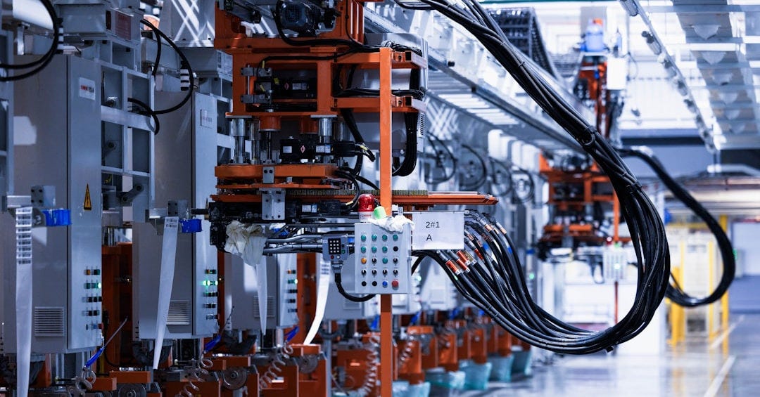 a line of electrical equipment in a factory a line of electrical equipment in a factory