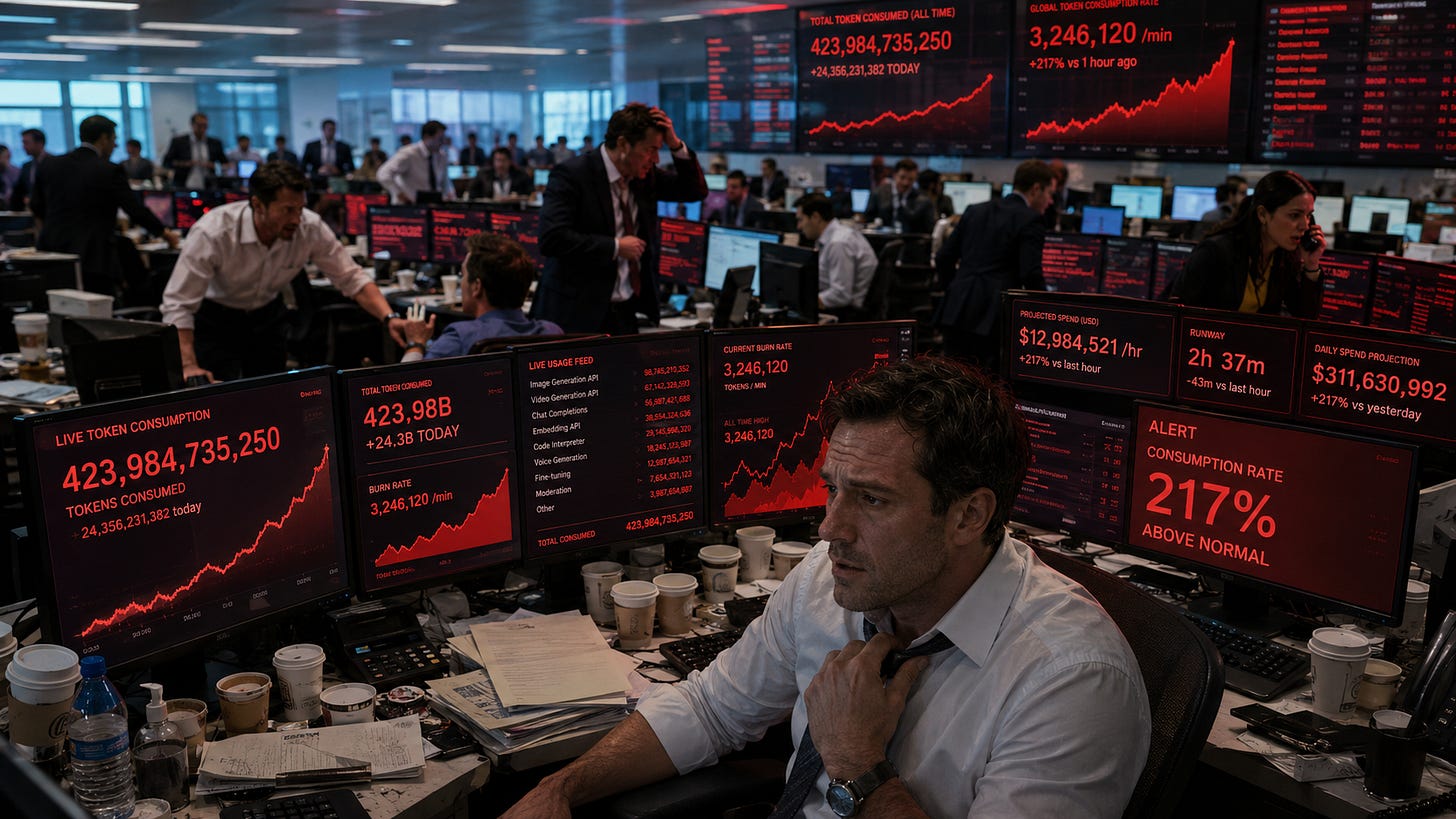 Trading floor panics as token consumption dashboards spike in red.