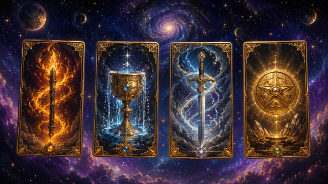 Four ornate tarot cards glowing against a starfield, each showing one suit symbol: a flaming wand, a chalice, a sword and a pentacle.