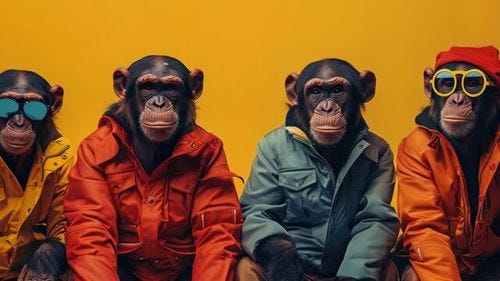 A group of adorable monkeys dressed in vintage rain gear, wearing colorful jackets and sunglasses. A group of adorable monkeys dressed in vintage rain gear, wearing colorful jackets and sunglasses.
