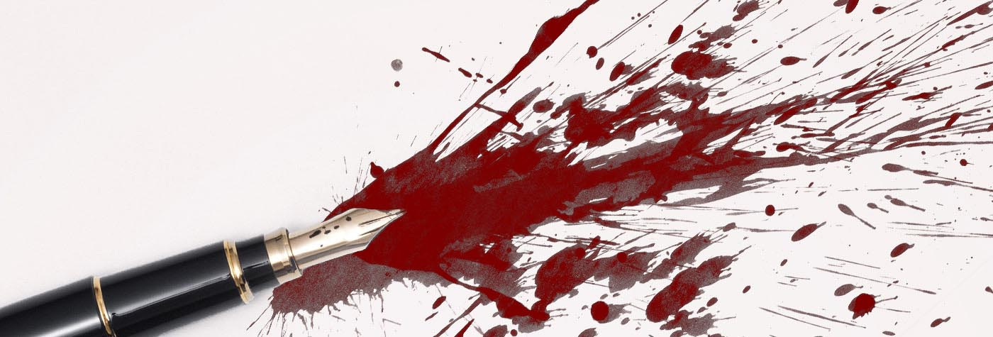 A fountain pen, shooting out blood.