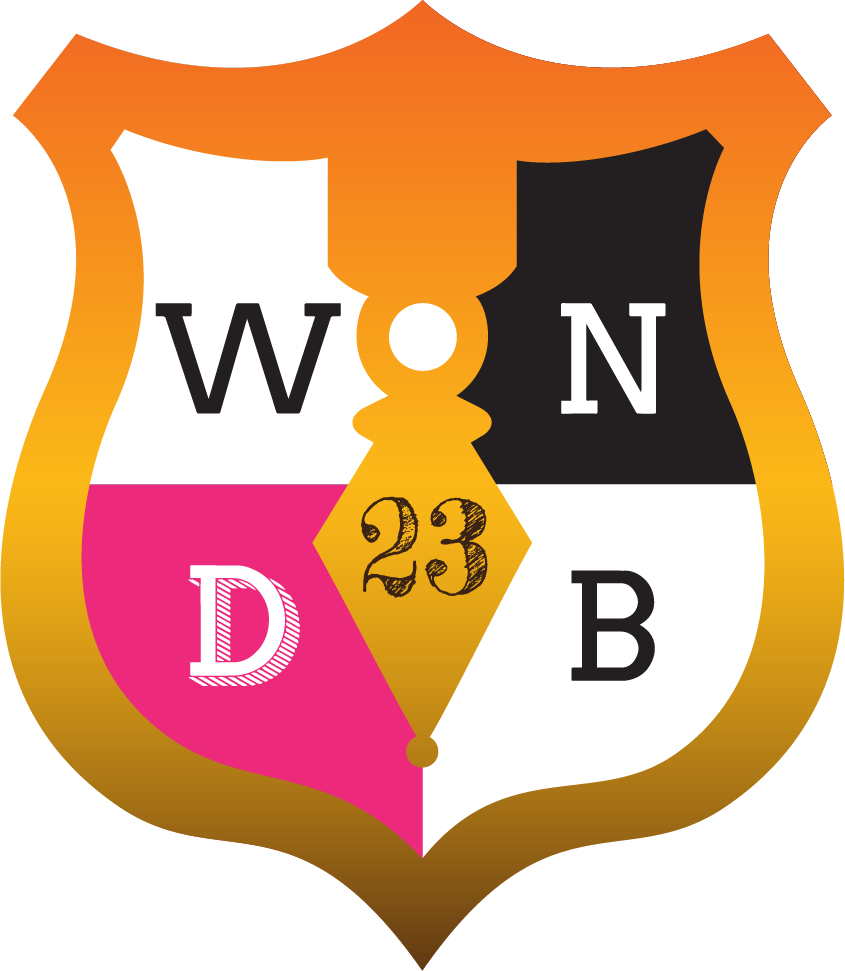 The Mighty Pens Logo mixed with the We Need Diverse Books logo: an orange shield with the letters WNDB inside.