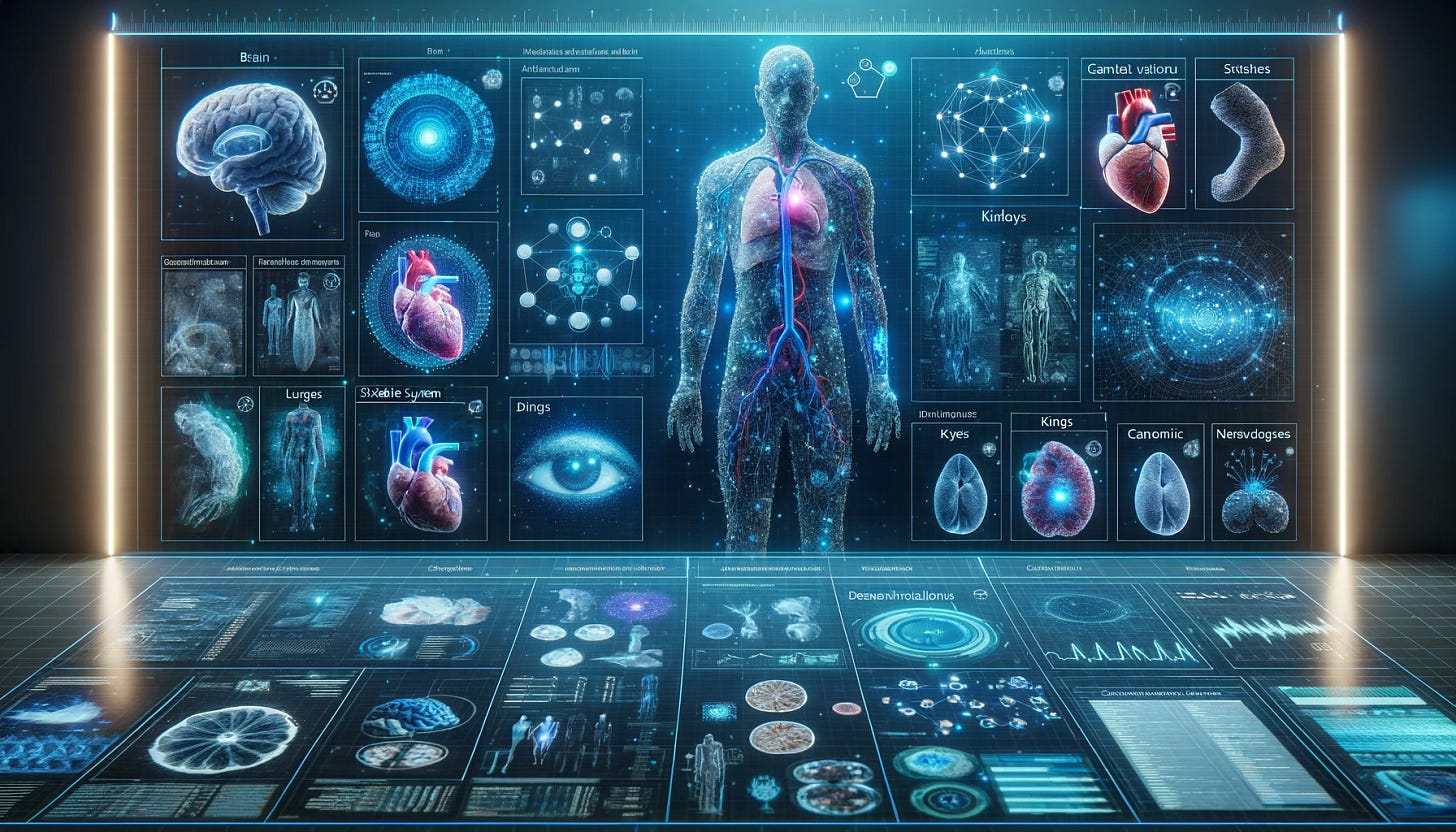 A futuristic 16:9 widescreen image showcasing various medical images and data of different human body parts, such as the brain, heart, lungs, kidneys, and skeletal system. The data from each medical domain is collected and displayed in organized sections, with interconnected data streams and neural network visualizations linking the information. The image should represent how these diverse medical data sets are integrated to produce personalized health outcomes for each individual. The design should include holographic displays, AI-powered analysis interfaces, genetic data, and advanced diagnostic charts, all in a sleek, high-tech environment with blue neon tones and glowing elements.