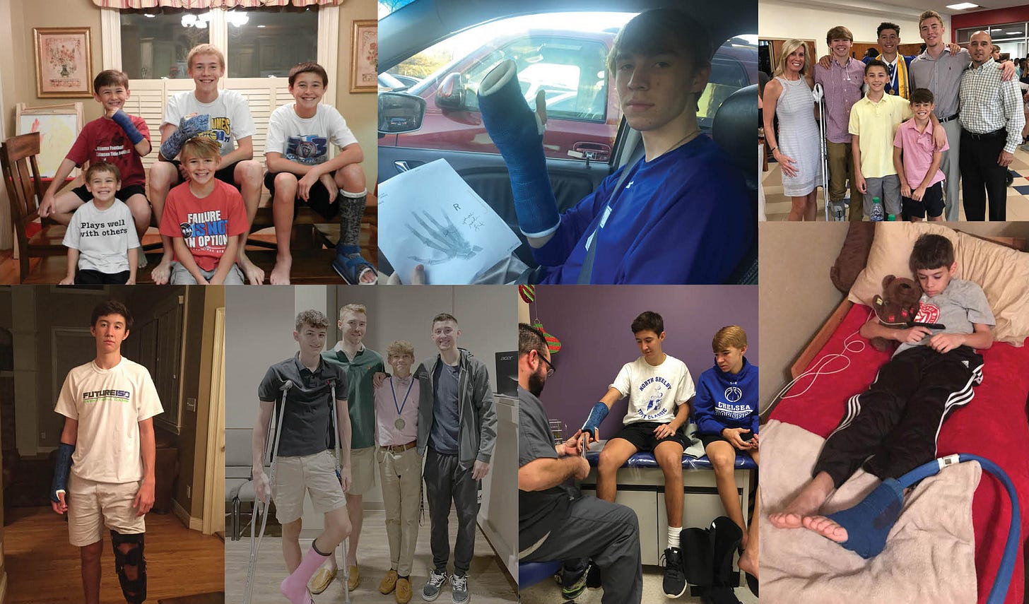 Collage of several photos showing one or more of the Lanzi sons in a cast or on crutches. Collage of several photos showing one or more of the Lanzi sons in a cast or on crutches.
