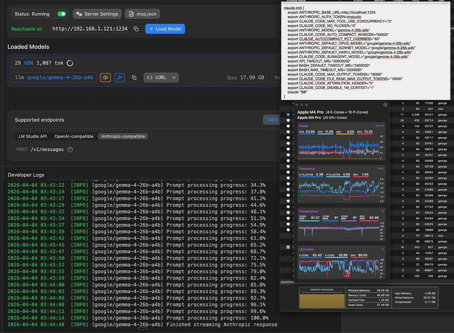 LM Studio API server in action while using Claude Code via claude-lm alias