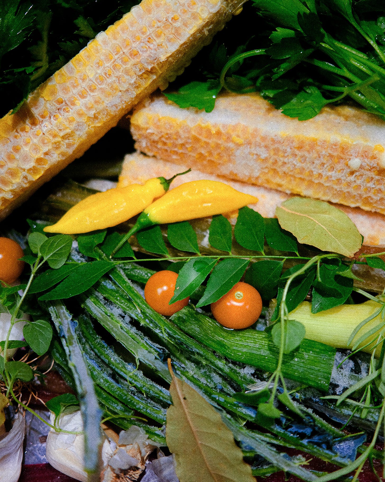 Vegetable scraps, some frozen and some note, in a pot of water.