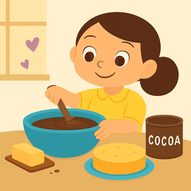 a colourful illustration of a little girl starting baking a cake