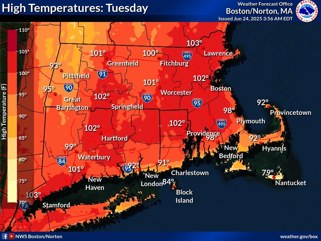 A color-coded map from the National Weather Service Boston/Norton showing forecast high temperatures for Tuesday, June 24, 2025. Widespread high temperatures across southern New England range from the upper 90s to low 100s. Notable highs include 102°F in Springfield, Worcester, and Hartford, 103°F in Lawrence and Stamford, 102°F in Boston, and 101°F in Greenfield. Coastal areas are slightly cooler, with highs of 92°F in Provincetown and Plymouth and 79°F on Nantucket. The color scale on the left ranges from 75°F to 105°F+.