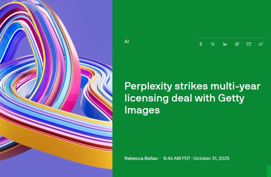 A screenshot displays a TechCrunch article titled Perplexity strikes multi-year licensing deal with Getty Images. The page features colorful abstract graphics on the left side with swirling purple, blue, and orange shapes. The right side shows the article text, author Rebecca Bellan, and publication date October 31 2025 at 8:40 AM PDT. The browser interface includes tabs and controls at the top.