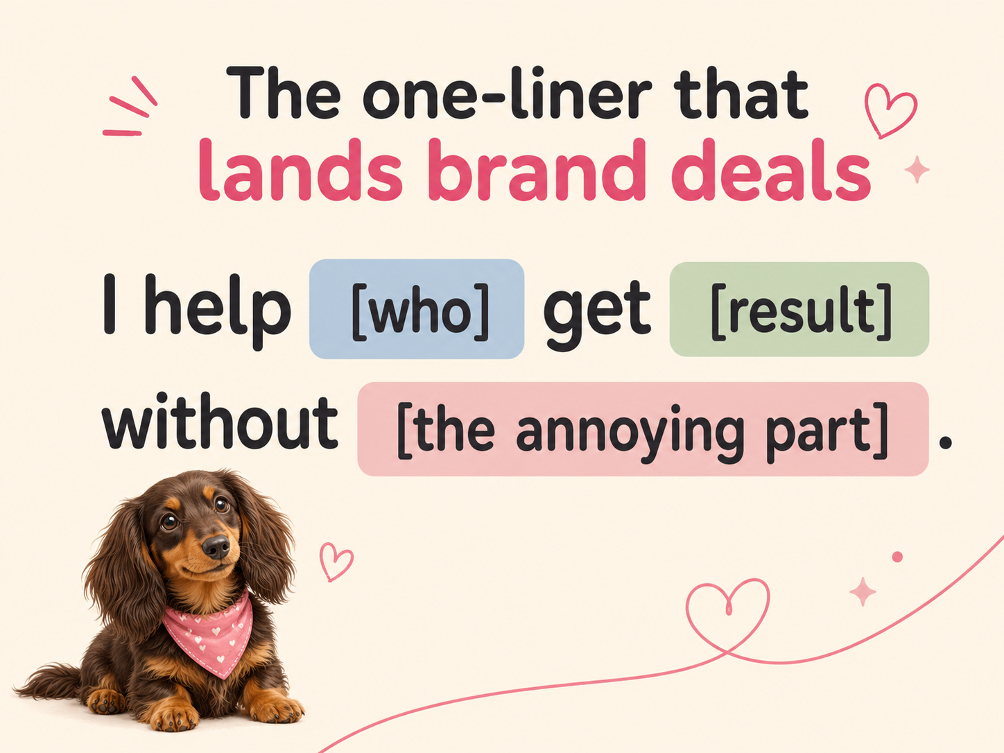 The one-liner formula that lands pet brand deals: I help [who] get [result] without [the annoying part].