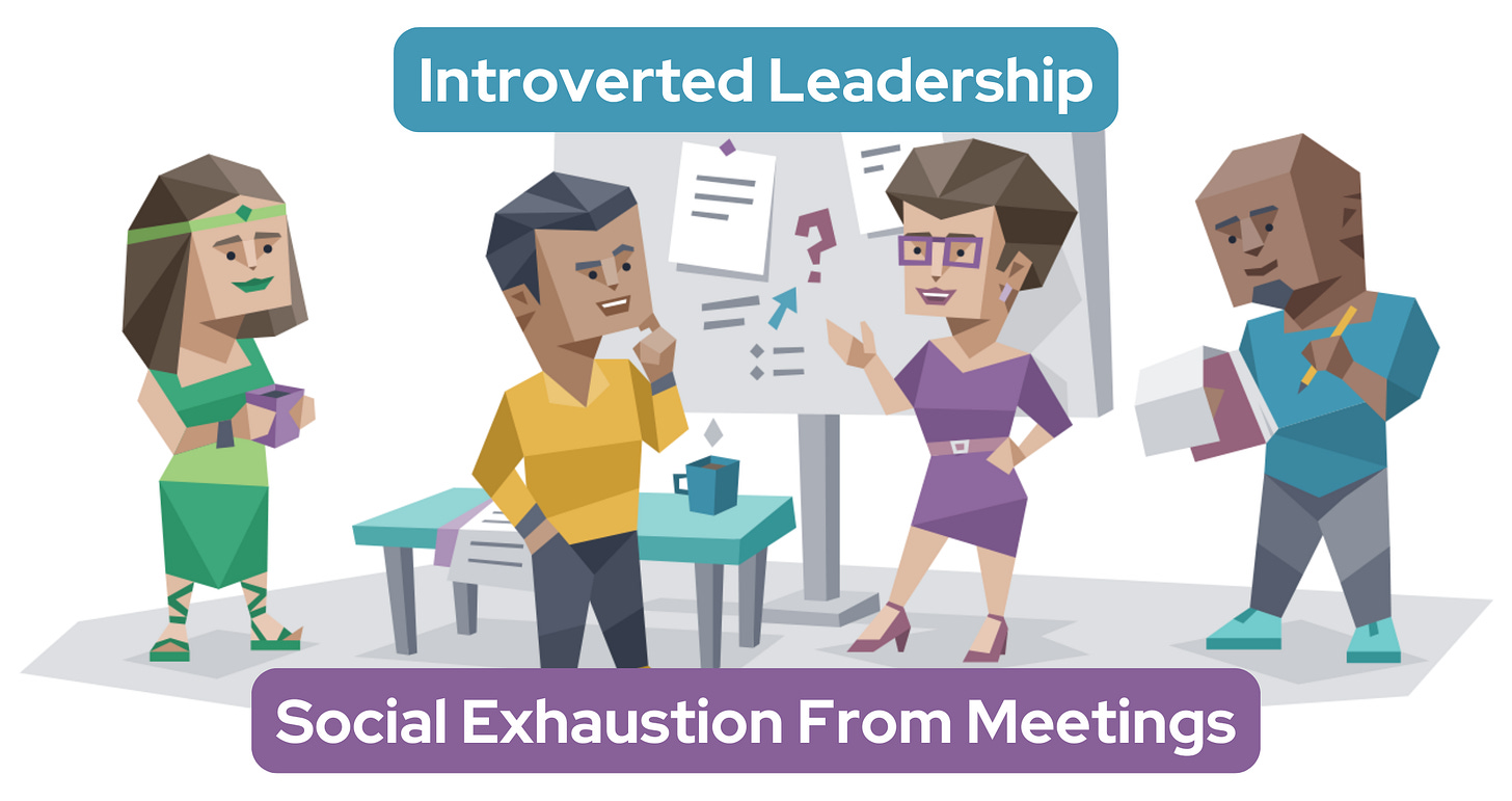 Four colleagues stand around a bulletin board in a meeting chatting to one another. Text reads: Introverted Leadership. Social Exhaustion From Meetings Four colleagues stand around a bulletin board in a meeting chatting to one another. Text reads: Introverted Leadership. Social Exhaustion From Meetings