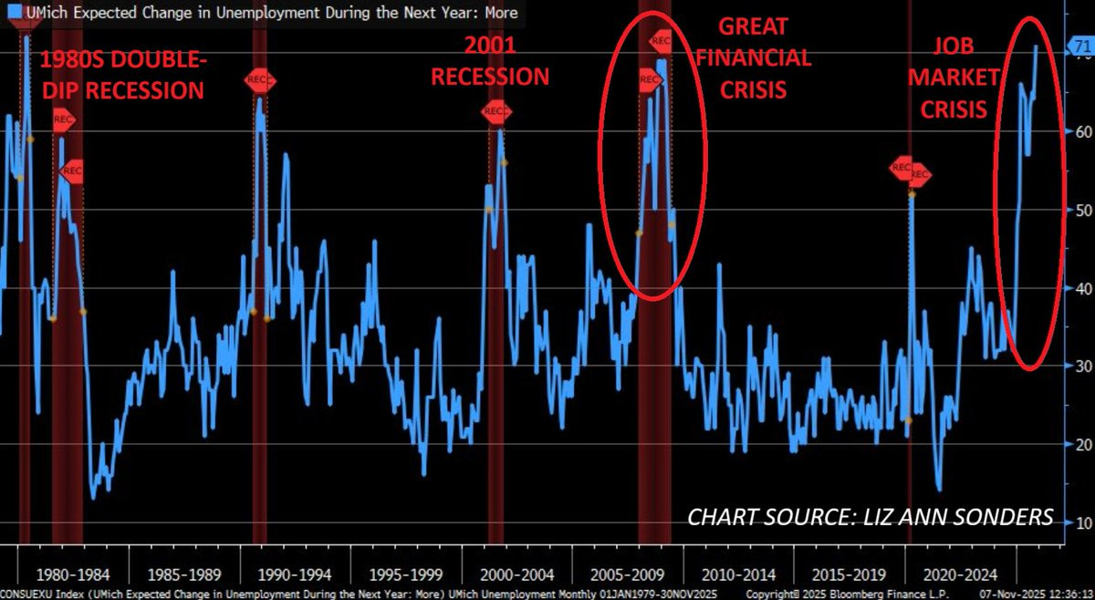 Line chart titled Expected Change in Unemployment During the Next 12 Months displays blue line graph of data from 1980 to 2020 with red highlighted peaks labeled Great Job Crisis, Double Dip Recession 2001, Financial Crisis, and Recession 1980s showing percentage changes from -60 to 60, sourced from Liz Ann Sonders.