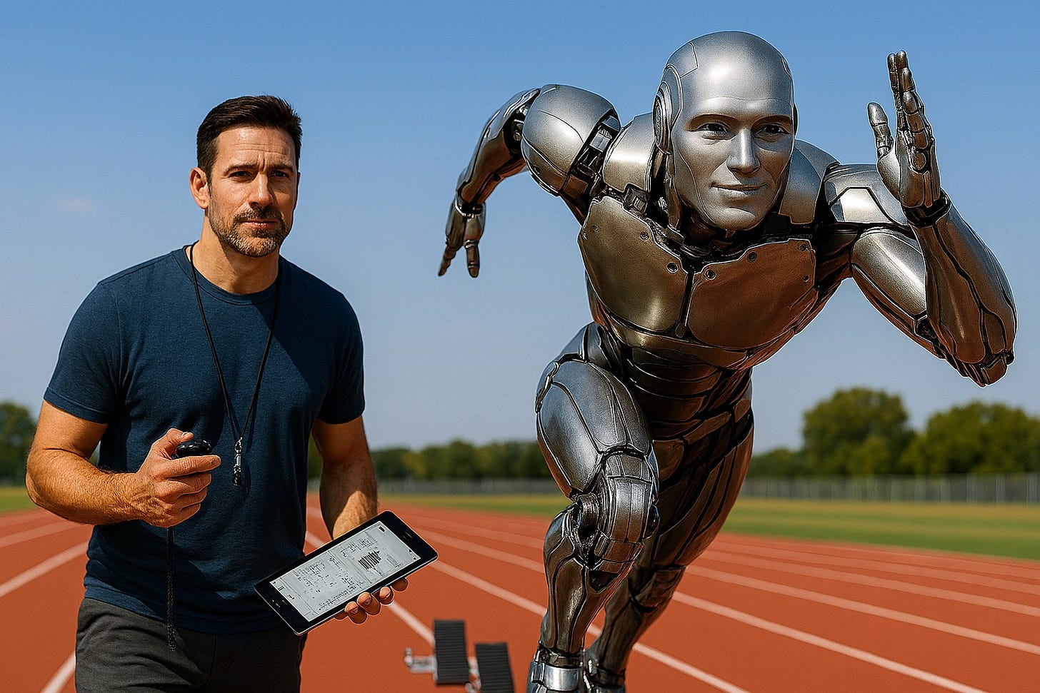 A human coach and robotic athlete collaborating on a bright athletic track, symbolizing human-AI partnership in the technological revolution.