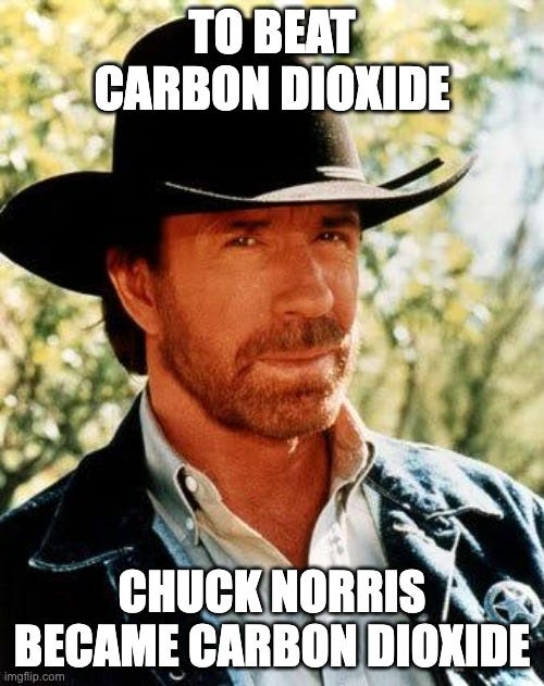 Chuck Norris in a cowboy hat, captioned "To beat carbon dioxide, Chuck Norris became carbon dioxide."