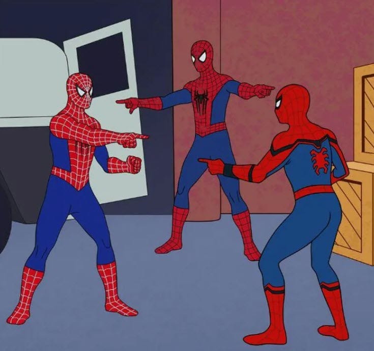3 spidermen pointing at each other 3 spidermen pointing at each other