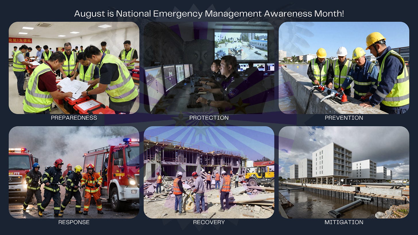 [Decorative – six images of people working through the various phases of Emergency Management, which are described as Preparedness, Protection, Prevention, Response, Recovery, and Mitigation. Title of the image reads “August is National Emergency Management Awareness Month!”.]