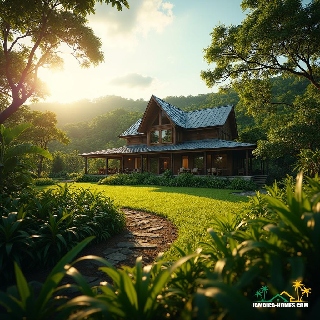 A rustic Jamaican farmhouse, its wooden facade weathered to a warm golden brown, with modern touches seamlessly integrated, including a sleek swimming pool that shimmers like a turquoise gemstone in the sunlight.