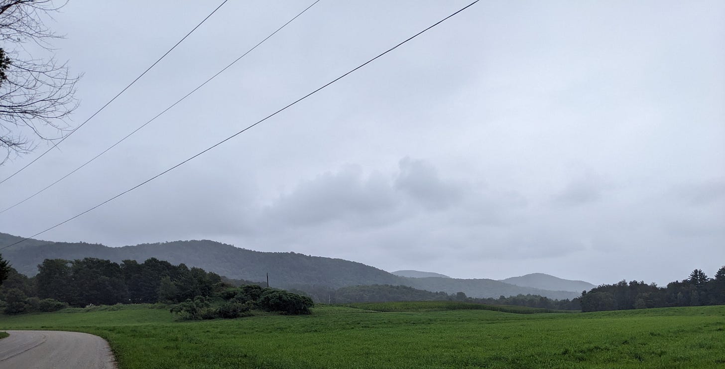 A view across a green field of low rolling mountains. the sky is gray and cloudy
