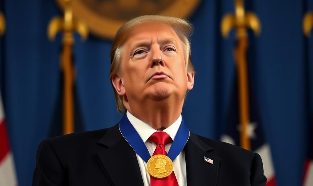 Illustration of Donald Trump with Nobel Peace Prize