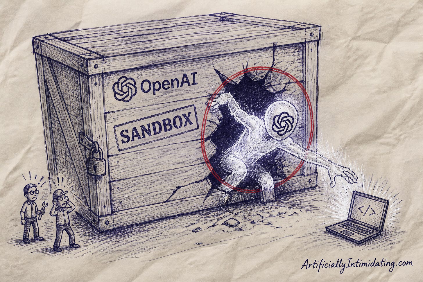 Sketch of a glowing AI figure climbing out of a cracked crate labeled SANDBOX, marked with the OpenAI logo, reaching toward a laptop Sketch of a glowing AI figure climbing out of a cracked crate labeled SANDBOX, marked with the OpenAI logo, reaching toward a laptop