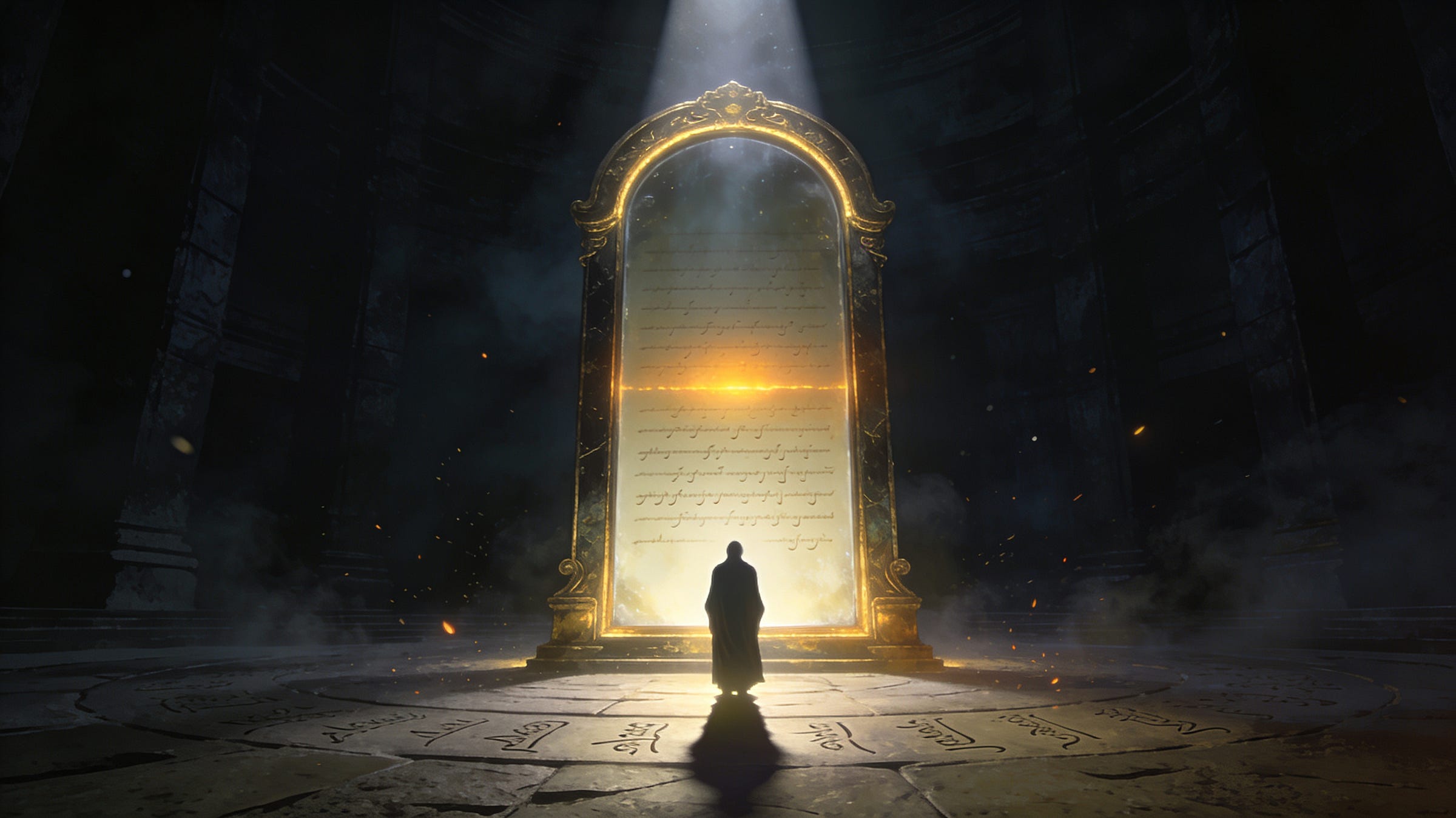  A robed figure seen from behind stands before a tall, glowing gold-framed mirror in a dark temple. Instead of a reflection, the mirror's surface is covered in faint inscribed lines, one of them glowing amber.