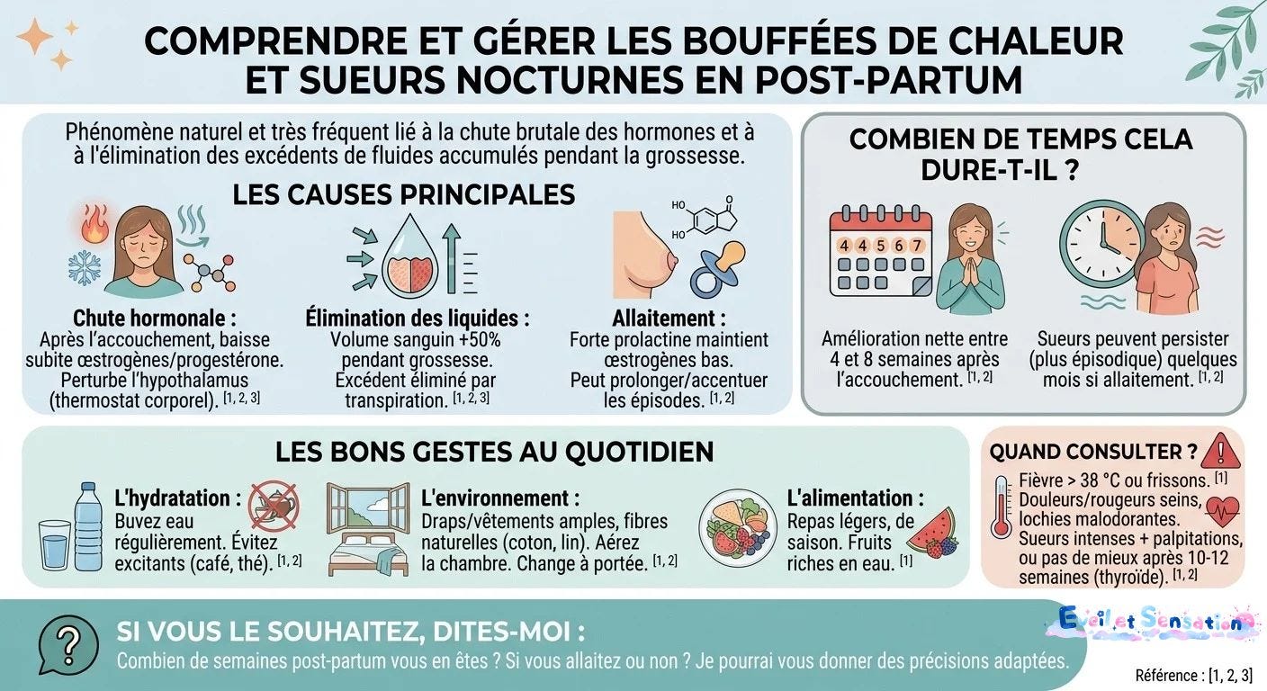 Schéma explicatif des bouffées de chaleur et sueurs nocturnes post-partum : causes hormonales et astuces pour s'apaiser Schéma explicatif des bouffées de chaleur et sueurs nocturnes post-partum : causes hormonales et astuces pour s'apaiser