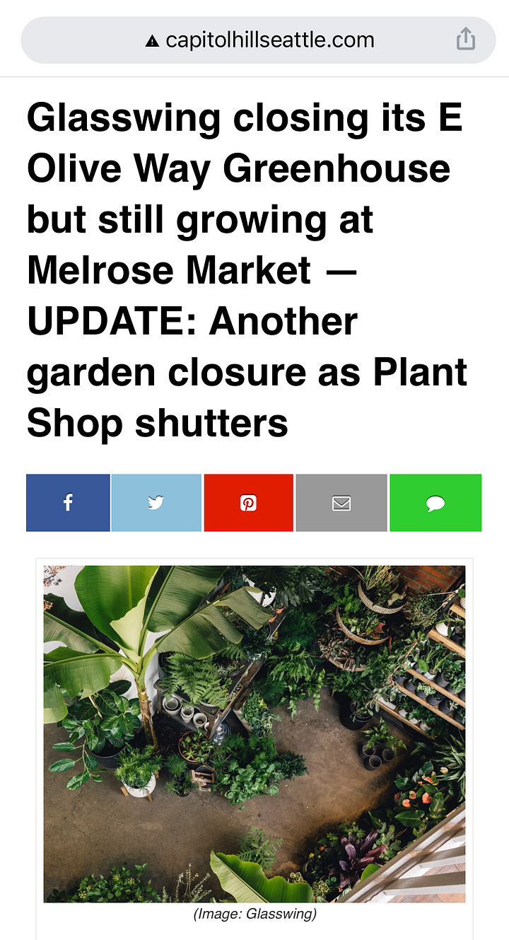 Screen shots of online news articles and Instagram posts about small businesses closing