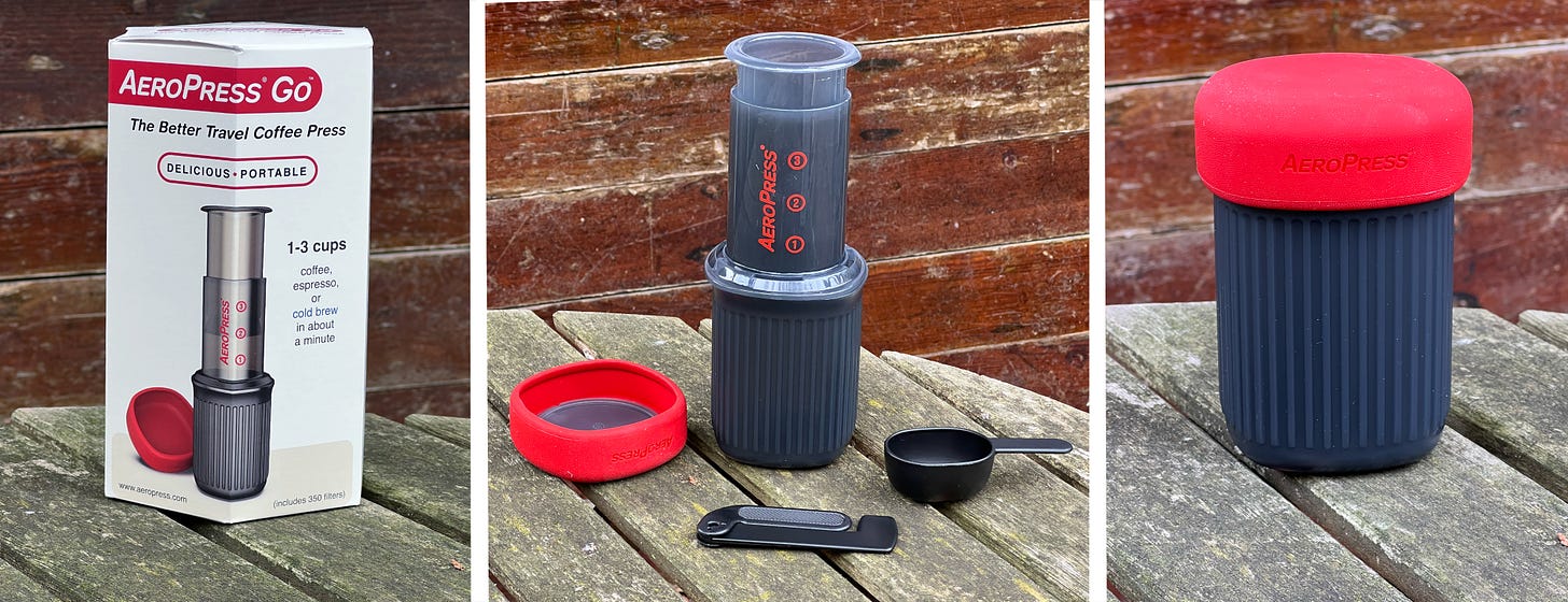 A tryptic of the Aeropress go. One of it boxed, one of the context of the box and one image of everything stowed away in the cup.