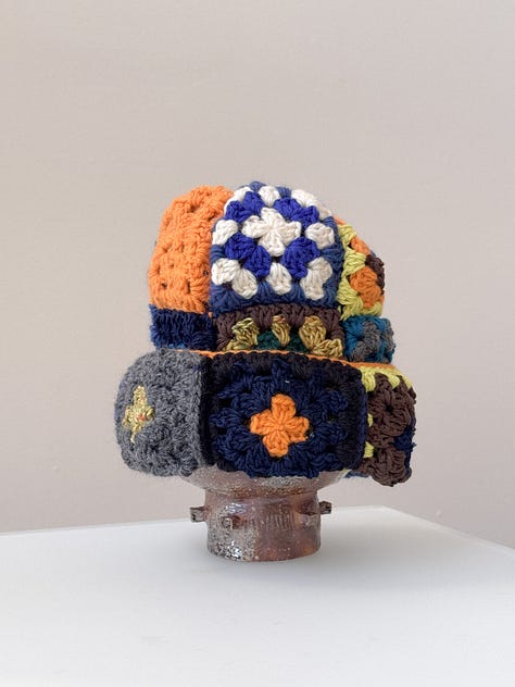 Blue and orange granny crochet patchwork beanie
