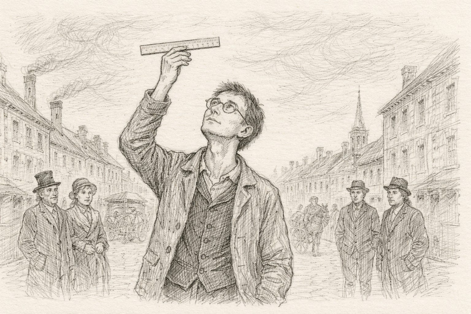 Me (Michael) a few hundred years ago measuring the carbon dioxide in the air with a ruler while people are staring at me.