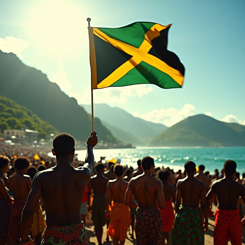 Jamaican flag waving in the wind, set against a vibrant, sun-drenched backdrop of lush green mountains and turquoise waters, as crowds of jubilant people, dressed in traditional attire, gather to celebrate the 50th anniversary of independence, with bold, cinematic lighting casting long shadows