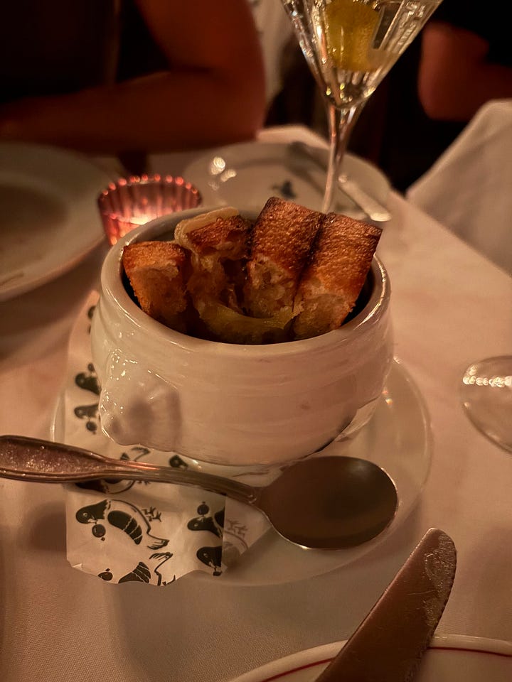 French onion soup and duck a l'orange at Mistral