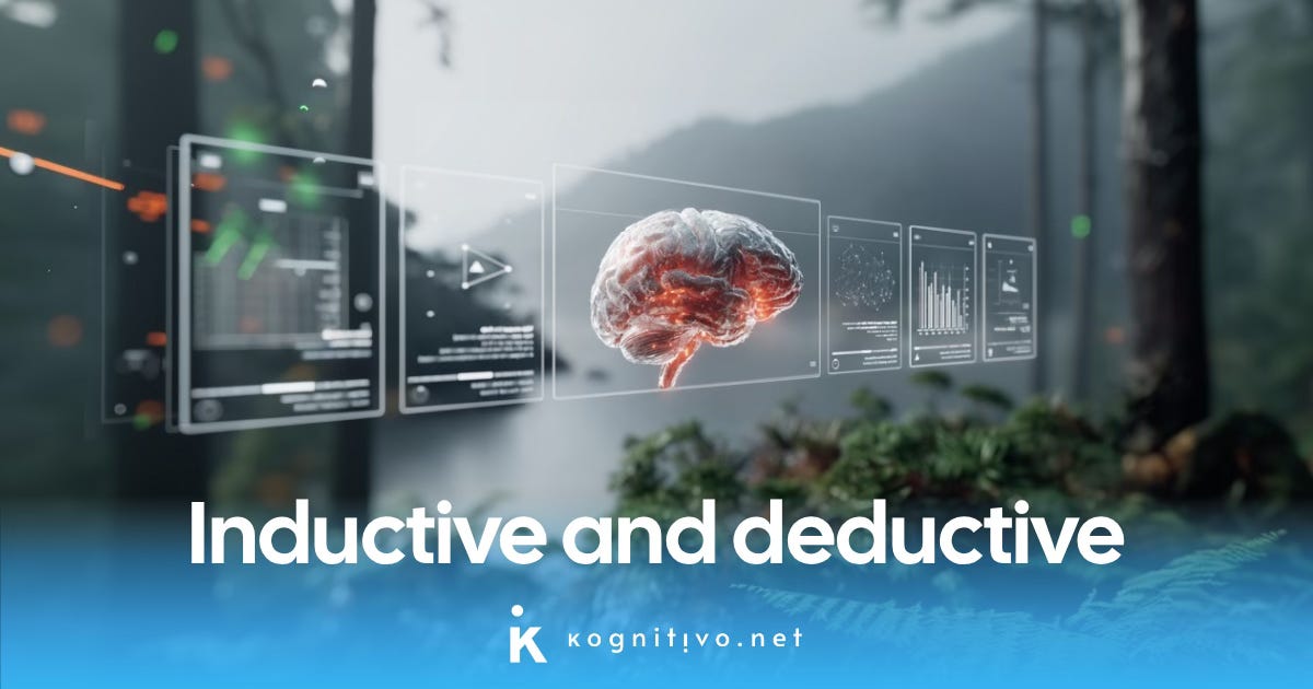 Banner for an article on inductive and deductive learning depicting a brain embedded in a scenario surrounded by nature next to different shapes representing knowledge. Banner for an article on inductive and deductive learning depicting a brain embedded in a scenario surrounded by nature next to different shapes representing knowledge.