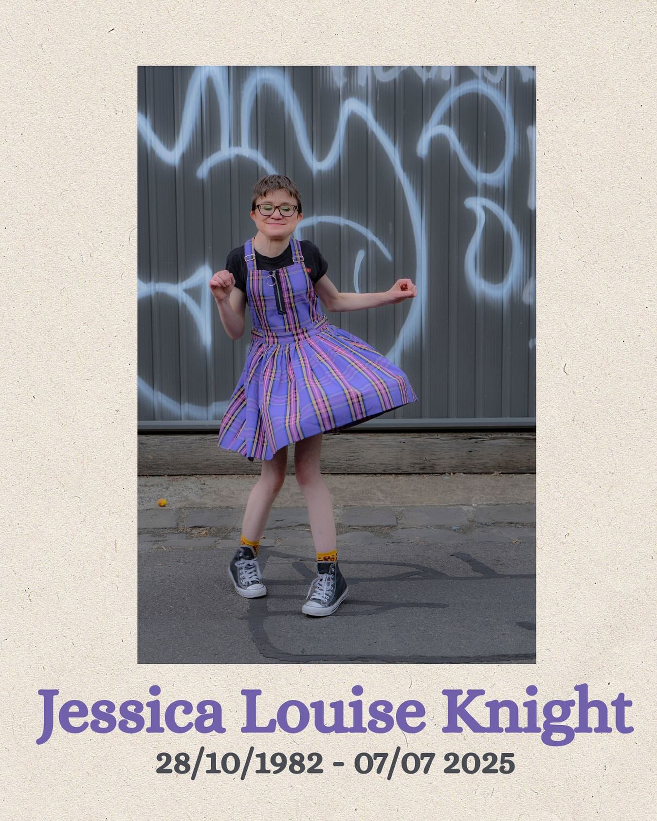 A dancing Jess wearing a purple dress. Text reads Jessica Louise Knight 28/10/1982-07/07/2-25