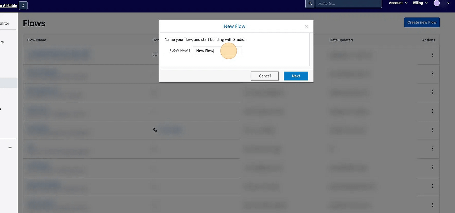 Screenshot of: Name your flow "Appointment Setting Chatbot"
Navigate to https://github.com/chatbotjoy/twilio/blob/main/twilio-studio-flows/appointment-setting-sms-chatbot.json in a new browser tab and copy the code.
Go back to the tab with your Twilio account open and paste it into the New Flow code editor window. Screenshot of: Name your flow "Appointment Setting Chatbot"
Navigate to https://github.com/chatbotjoy/twilio/blob/main/twilio-studio-flows/appointment-setting-sms-chatbot.json in a new browser tab and copy the code.
Go back to the tab with your Twilio account open and paste it into the New Flow code editor window.