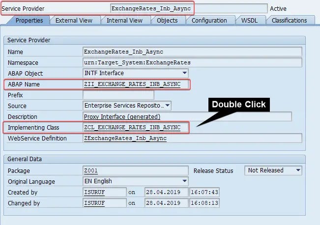 Access the Proxy Implementing Class via SPROXY transaction. From the Service Provider Interface access the Proxy Class to implement the ABAP logic.