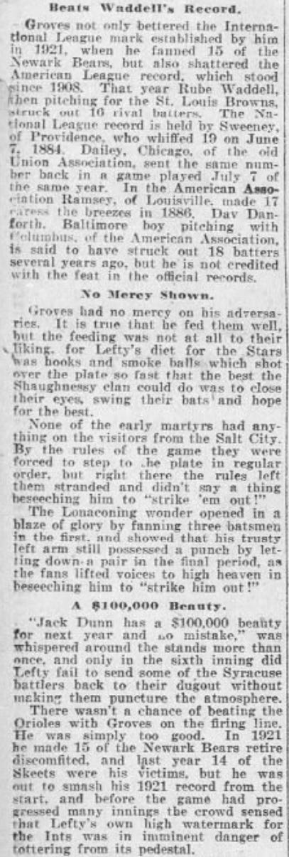 1923 Lefty Grove Strikes Out 17 Baltimore Orioles