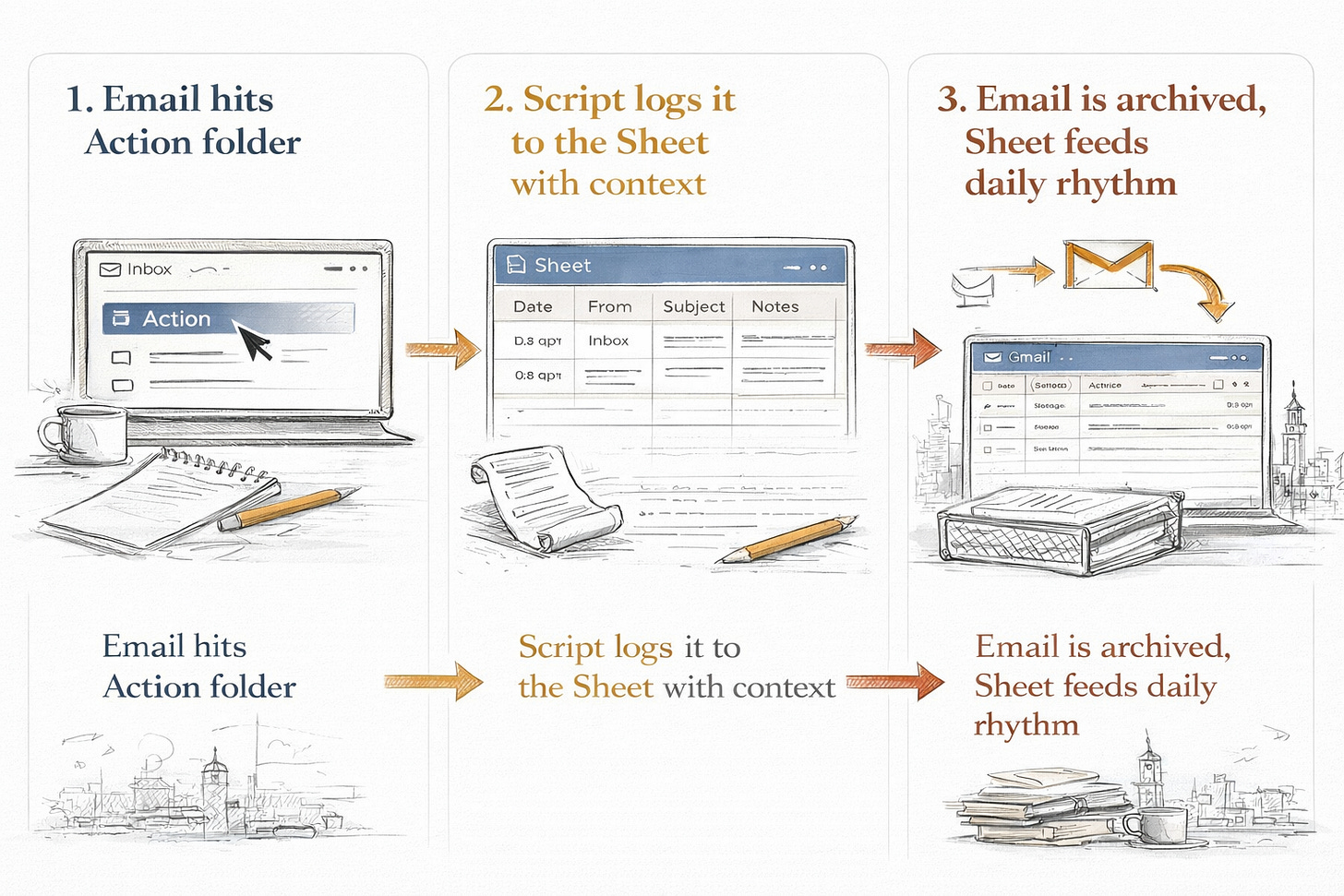 Three-step flow showing how email from the Action folder becomes a tracked action item in a Google Sheet, then feeds into a daily rhythm in CoWork