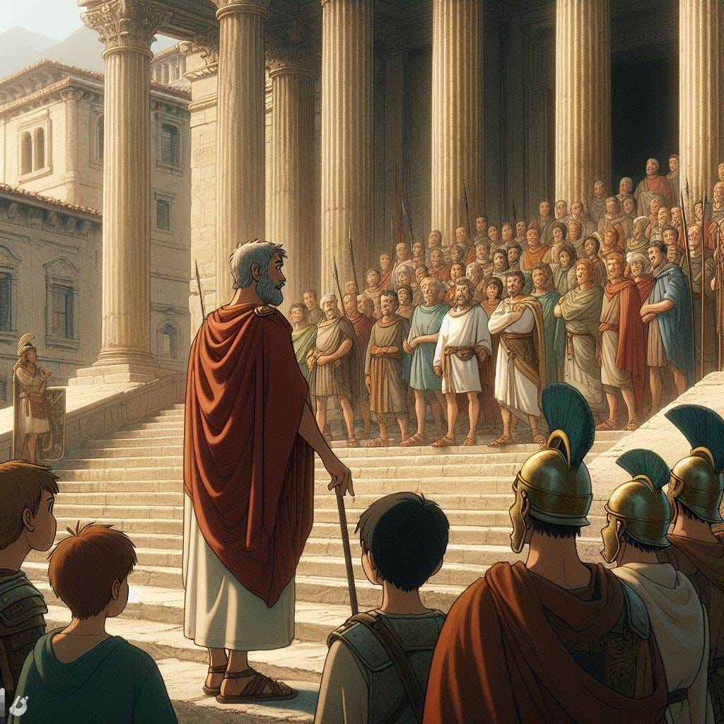 an old Roman citizen talking to a small crowd of conscripted soldiers from the steps of a public building in ancient Rome, studio ghibli animation style
