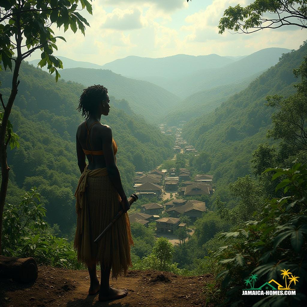 Recreate a vivid scene from Nanny Town in the 1700s, capturing its location high on Nanny Town Hill