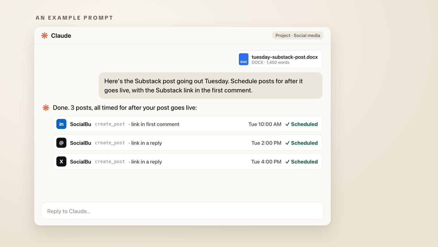 A Claude chat with a Tuesday Substack post attached, where Claude schedules LinkedIn, Threads and X posts for after it goes live with the link in the first comment A Claude chat with a Tuesday Substack post attached, where Claude schedules LinkedIn, Threads and X posts for after it goes live with the link in the first comment