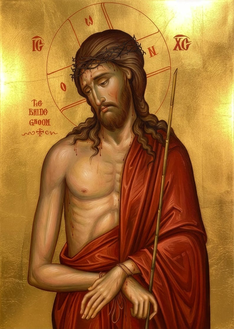 May include: An icon depicting a figure with a crown of thorns, wearing a red robe, and holding a staff. The background is gold with religious symbols and text. The figure has a beard and long hair. May include: An icon depicting a figure with a crown of thorns, wearing a red robe, and holding a staff. The background is gold with religious symbols and text. The figure has a beard and long hair.