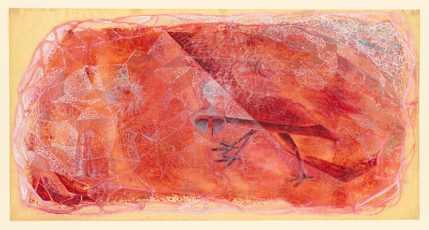 A stylized bird skeleton with a long beak and claws appears layered within red-orange textures.