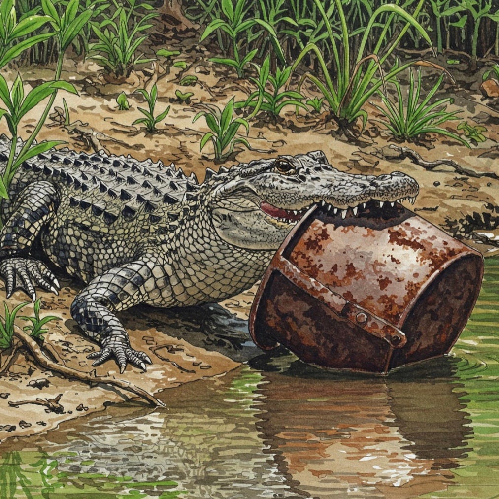 Alligator on the banks of the Mississippi River with the iron pot that broke his teeth.