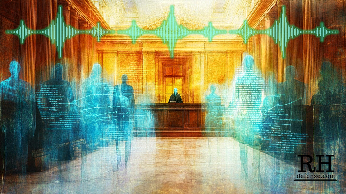 A surreal courtroom scene painted in warm gold and cool blue tones, where ghostly human figures made of data stand before a judge. Above them, a glowing digital soundwave stretches across the room, symbolizing artificial intelligence and the illusion of certainty