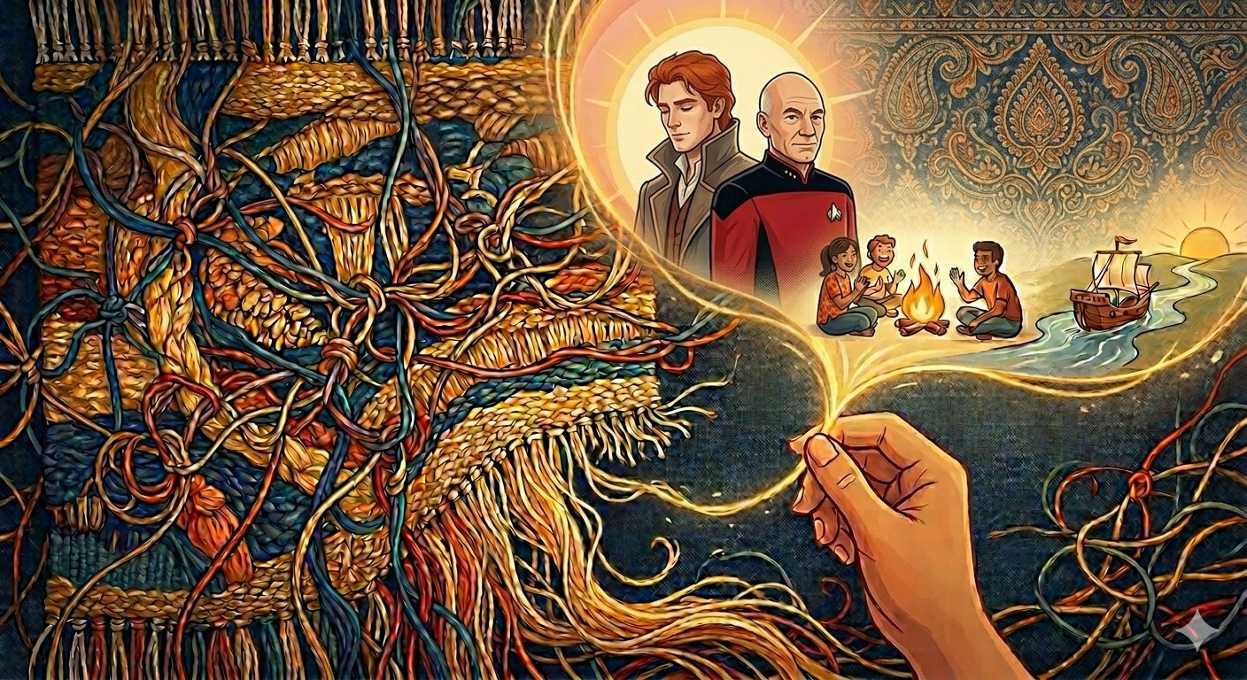 A highly detailed illustrative cover art piece featuring a large, complex hand-woven tapestry under construction. The left side is a vibrant, chaotic maze of tangled, multicolored threads and visible knots. On the right side, the loose threads seamlessly transition into distinct scenes emerging from the loom. Inside a large, radiant sun-like circle, a stylized fantasy man with reddish hair in a high-collared coat stands beside a bald sci-fi officer in a distinctive red and black uniform jacket with a star emblem. Below them, a small group of friends laughs together around a campfire, and a classical wooden ship sails down a winding river toward a setting sun. A hand in the lower foreground carefully holds and guides a glowing golden strand from the weave. A highly detailed illustrative cover art piece featuring a large, complex hand-woven tapestry under construction. The left side is a vibrant, chaotic maze of tangled, multicolored threads and visible knots. On the right side, the loose threads seamlessly transition into distinct scenes emerging from the loom. Inside a large, radiant sun-like circle, a stylized fantasy man with reddish hair in a high-collared coat stands beside a bald sci-fi officer in a distinctive red and black uniform jacket with a star emblem. Below them, a small group of friends laughs together around a campfire, and a classical wooden ship sails down a winding river toward a setting sun. A hand in the lower foreground carefully holds and guides a glowing golden strand from the weave.