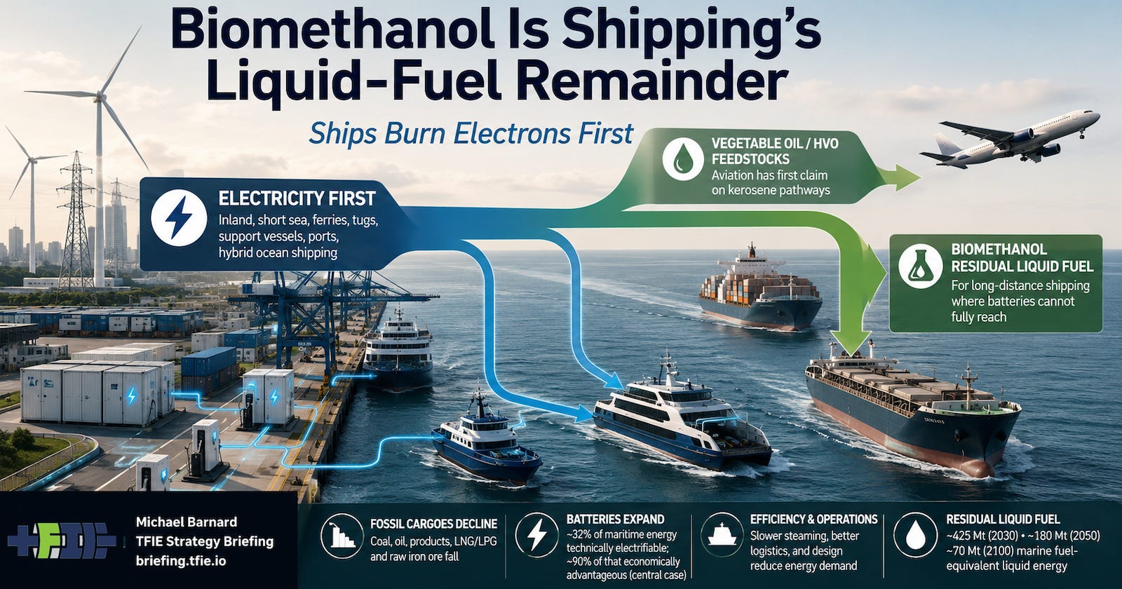 Shipping fuel graphic showing electricity first, aviation taking HVO feedstocks, and biomethanol as residual maritime fuel.
