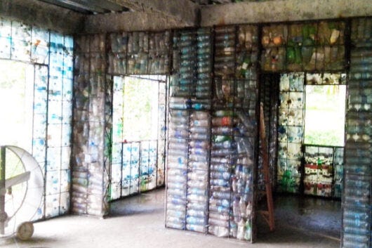 Plastic bottle wall before plastering Plastic bottle wall before plastering